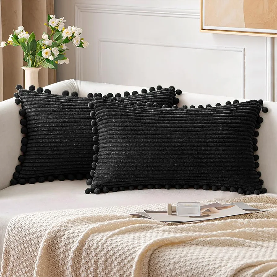 Pack of 2 Black Boho Decorative Pillow Covers with Pom-poms 12x20 Pillow Cover Corduroy Cushion Case Cute and Soft Lumbar Throw Pillows for Bed Couch Sofa Living Room Decor Fall Home Decor