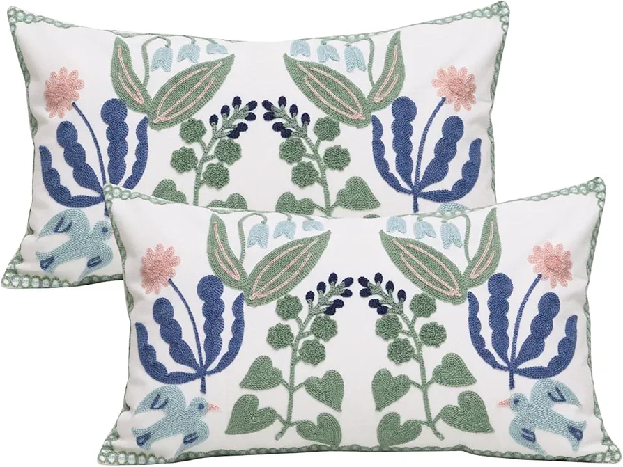 Pack of 2 Embroidered Decorative Throw Pillow Cover 12x20 Inch Farmhouse Floral Pillowcase for Living Room Sofa Bed (Bird Flower-Waist), W-45444