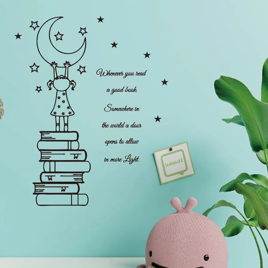 Reading Corner Wall Art - Inspiring Library Decor Vinyl Decal - Open a Door to More Light with a Good Book - Motivational Student Wall Decal - Cultivating a Reading Culture (Black-JZY008-Girl Book)