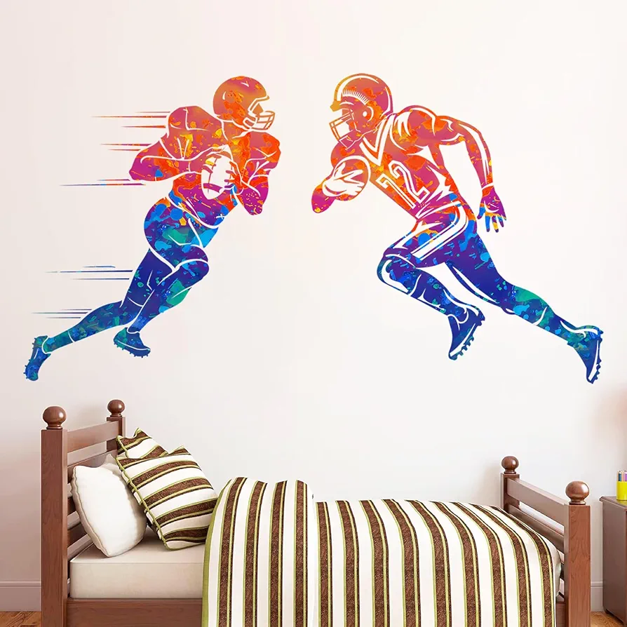 Colors Splash Football Player Wall Decals Creative Sports Player Silhouette Wall Stickers Peel & Stick Rugby Sport Wall Decor Stickers for Boys Teens Bedroom Playroom Classroom