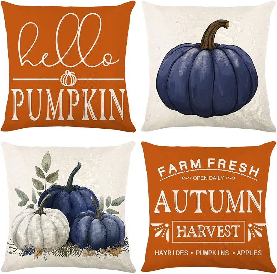 Fall Pillow Covers Blue Pumpkin Outdoor Decorative Throw Pillow Covers 18 x 18 Inch for Farmhouse Autumn Cushion Covers Pillow Case for Living Room Bed Room Fall Decor