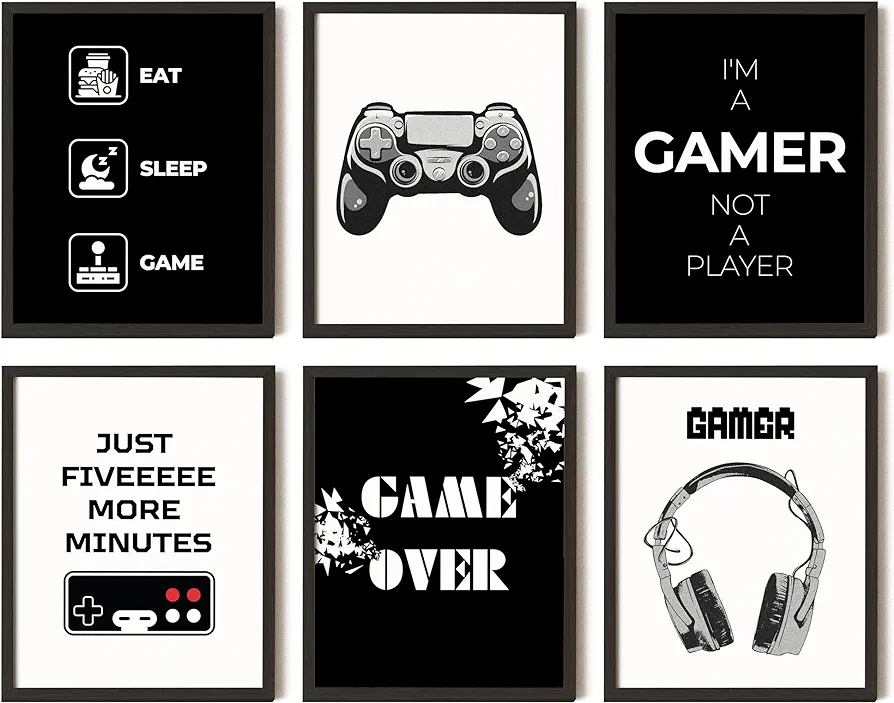 97 Decor Game Room Decor for Boys - Gaming Posters for Boys Room, Black And White Gamer Wall Decor, Video Game Art Prints, Cool Gamer Pictures for Teenage Mens Bedroom Decorations (8x10 Unframed)