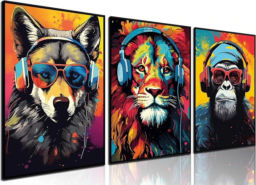 3pcs Gaming Wall Art Animal Graffiti Posters Pictures With Headphones Sunglasses Gorilla Tiger Wolf Cool Gamer Canvas Prints Colorful Graffiti Paintings for Teens Game Boys Room Wall Decor Unframed