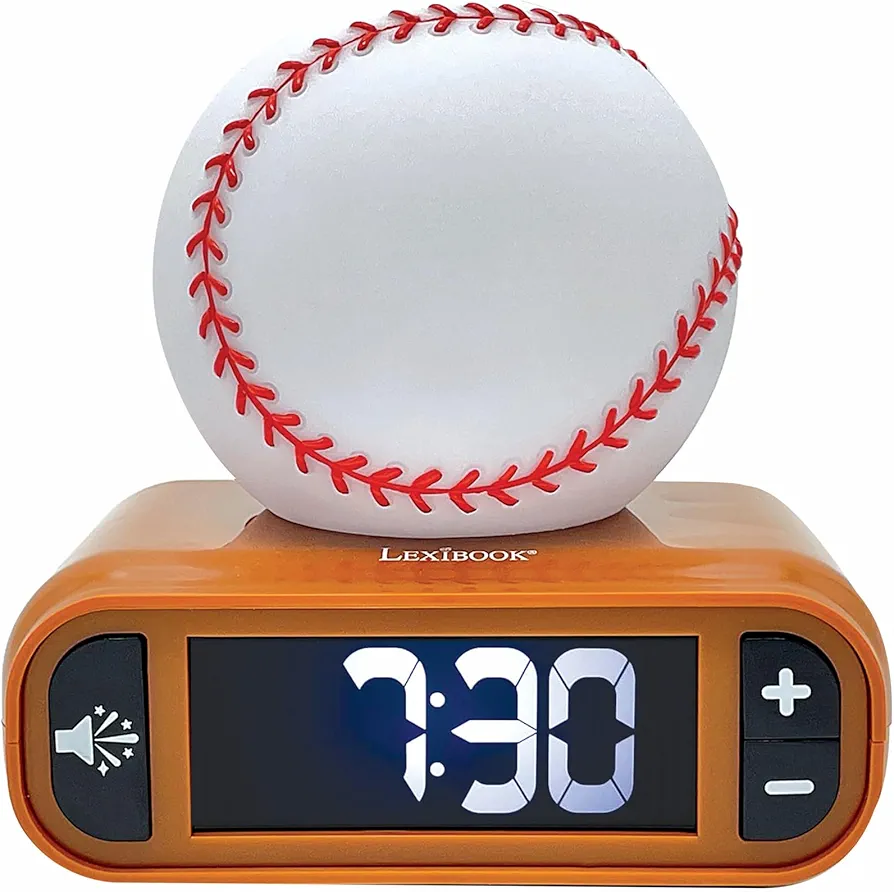 LEXiBOOK, Baseball - Baseball Nightlight Alarm Clock, Sounds and Melodies, LCD Backlit Screen, Luminous, Snooze, Brown/White, RL800BL