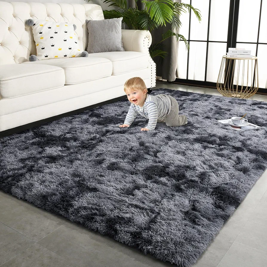 TWINNIS 6x9 Large Shag Area Rugs for Living Room Bedroom, Tie-Dye Dark Grey Indoor Super Soft Fuzzy Plush Rugs, Upgrade Anti-Skid Modern Rugs Fluffy Carpets for Kids Room Nursery Home Decor