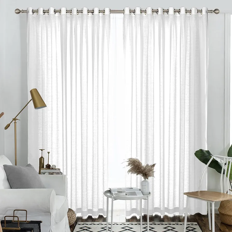 Melodieux White Semi Sheer Curtains 108 Inches Long for Living Room, Bedroom Extra Long Linen Look Rustic Grommet Voile Drapes, 52 by 108 Inch (2 Panels)