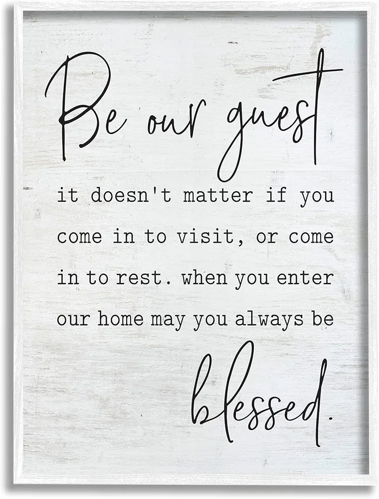 Stupell Industries Be Our Guest Home Family Inspirational Word On Wood Pattern, Design by Lettered and Lined White Framed Wall Art, 16 x 20