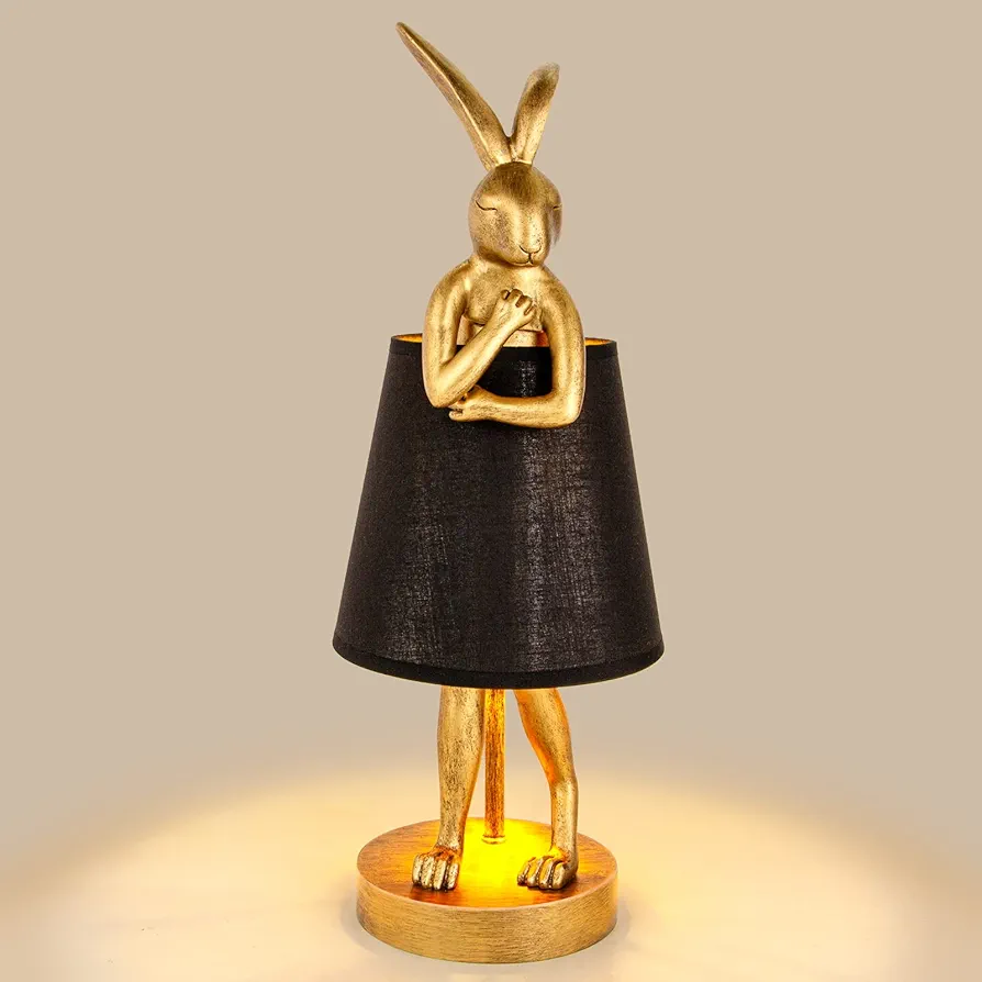 Bunny Rabbit Table Lamp, Black Linen Shade, Creative Gold Decor Night Light for Bedroom, Dining Room, Nightstand Unique Lamp (Black)