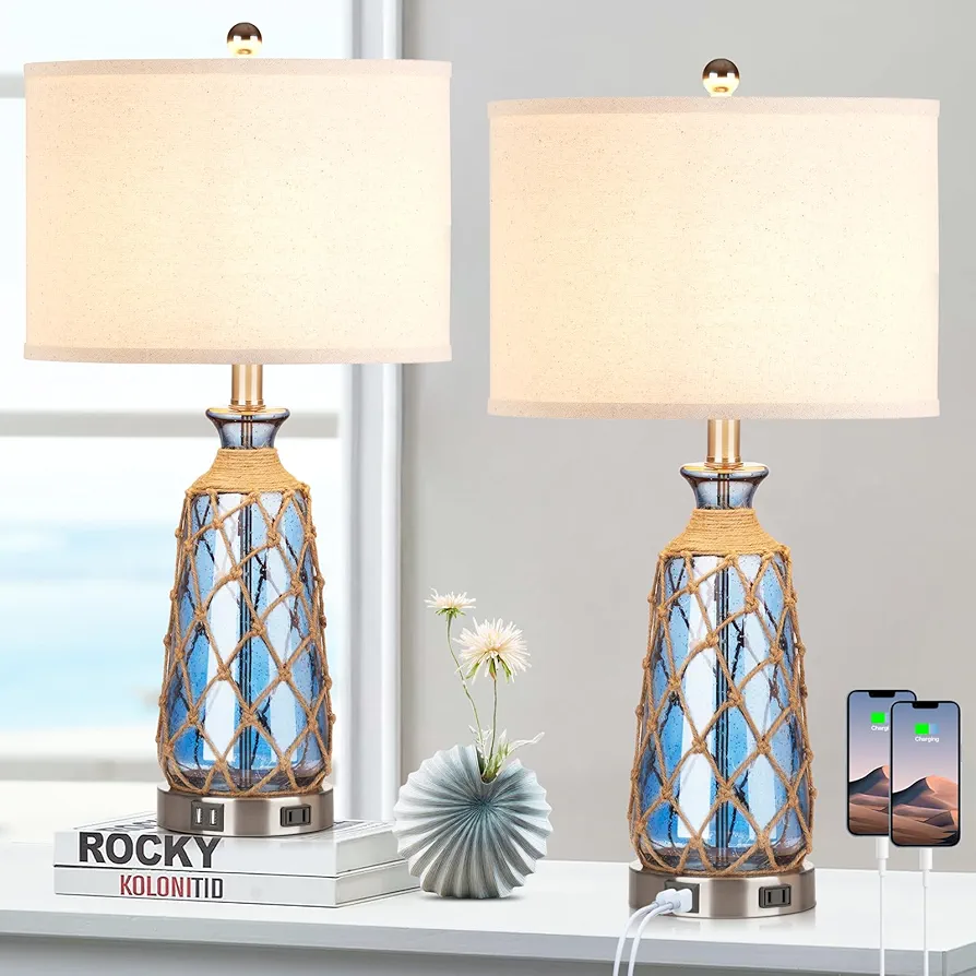 25.5" Coastal Glass Table Lamps Set of 2, 3-Way Dimmable Touch Control Bedside Lamps with 2 USB Ports and AC Outlet, Blue Nautical Nightstand Lamps for Bedroom Living Room (LED Bulbs Included)