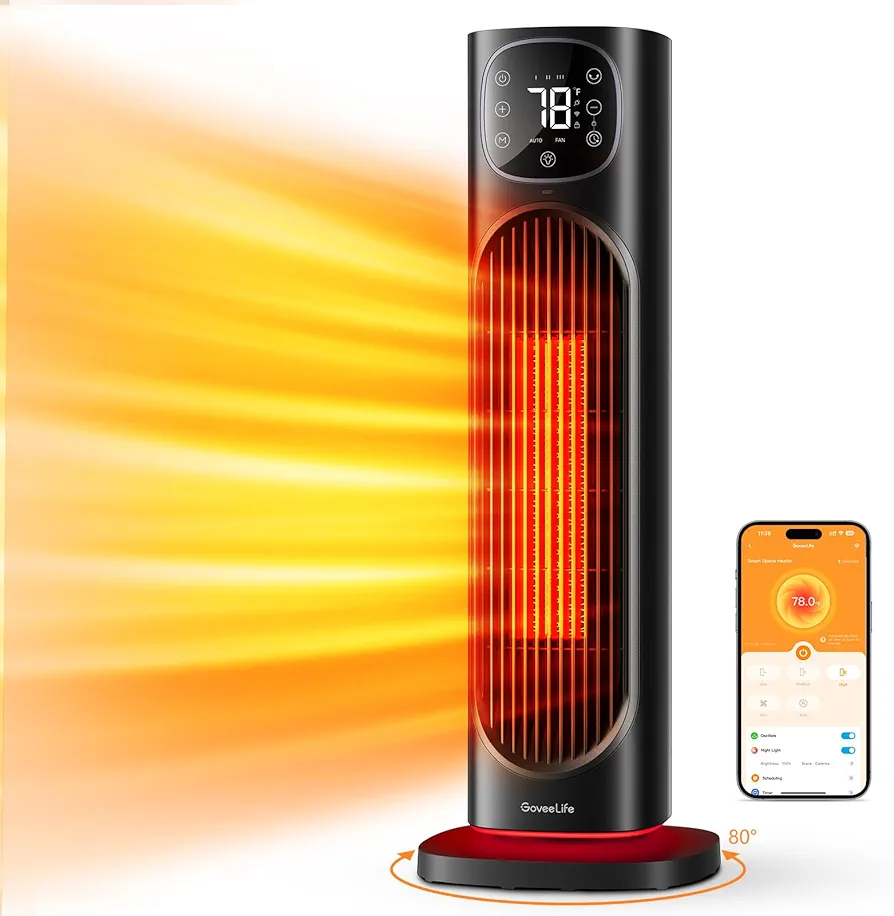 GoveeLife 24" Space Heater, 80° Oscillating Smart Electric Heater with Thermostat, WiFi APP & Voice Control, 4 Mode, 24H Timer, Night Light, 1500W Tower Ceramic Heater for Indoor Use, Large Room