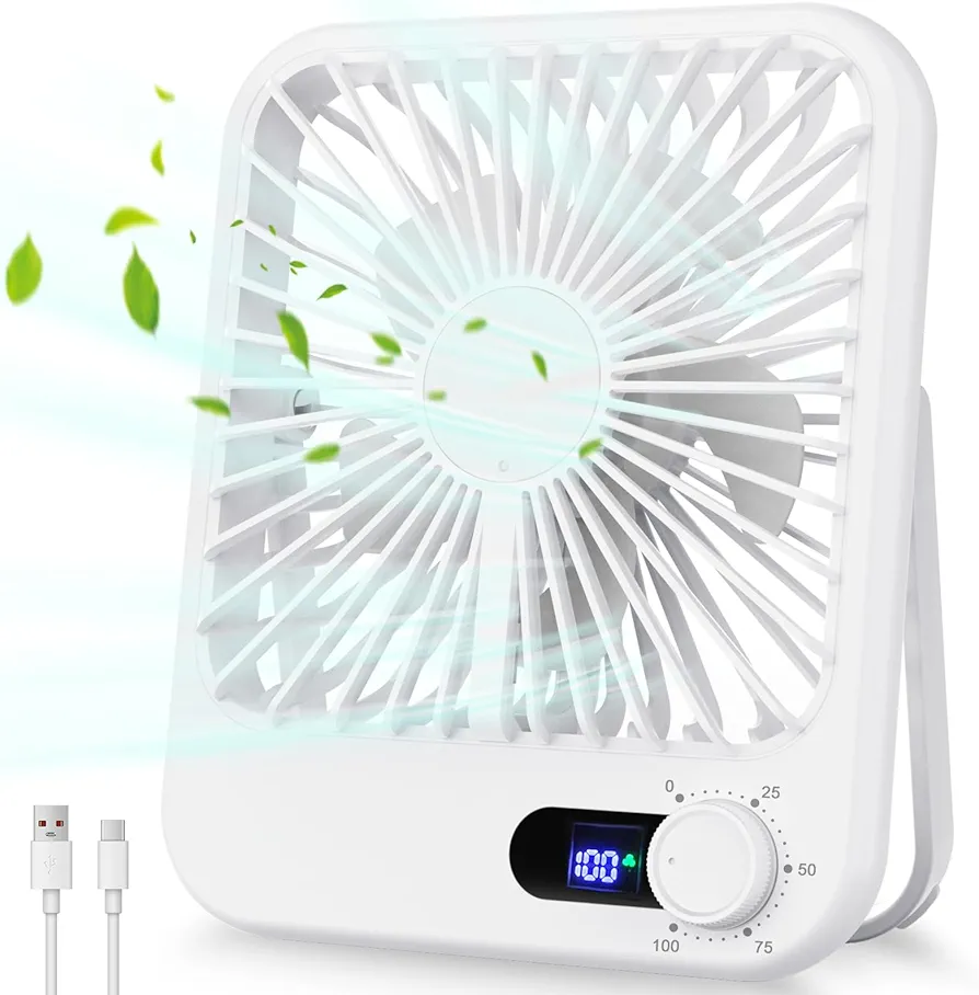 Travel Fan for Sleeping, Portable Fan for Travel Rechargeable with Digital Display, 100 Speed Wind Personal USB Fan with Variable Speed Knob, Small Desk Fan for Bedroom Travel Essentials, White