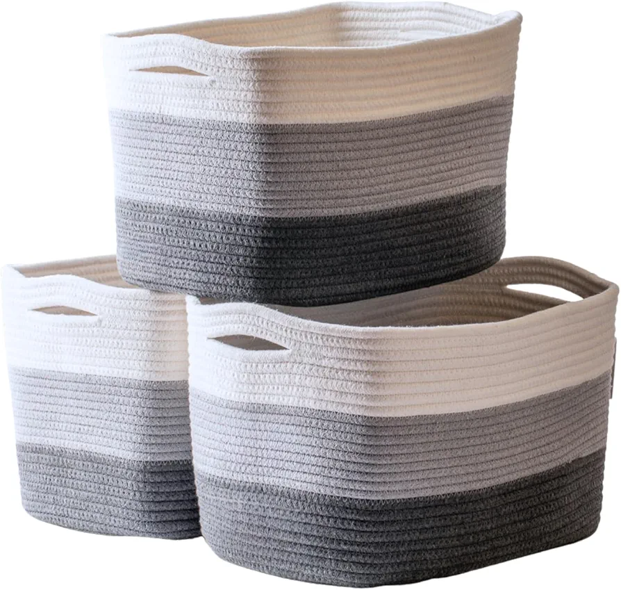 PJGOODS- 3-Pack Cotton Woven Storage Basket with Handles, Great for Organizing Laundry, Blankets, Dog Toys, Baby Toys, Perfect for the Kitchen, Bathroom, Bedroom, Living Room,15x10x9, Gray/White