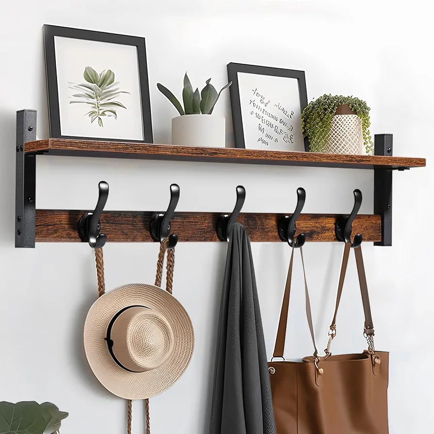 29" Rustic Coat Rack Wall Mount with Shelf, Wall Hooks with Shelf, Entryway Floating Shelf with 5 Metal Hooks, Coat Hangers for Entryway, Living Room, Bedroom, Brown Black