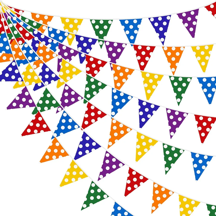 32Ft Colorful Polka Dot Banner Rainbow Triangle Pennant Flag Multicolor Fabric Garland for Grand Opening Kids Birthday Party Celebrations Classroom Outdoor Garden Festivals Hanging Shops Decorations