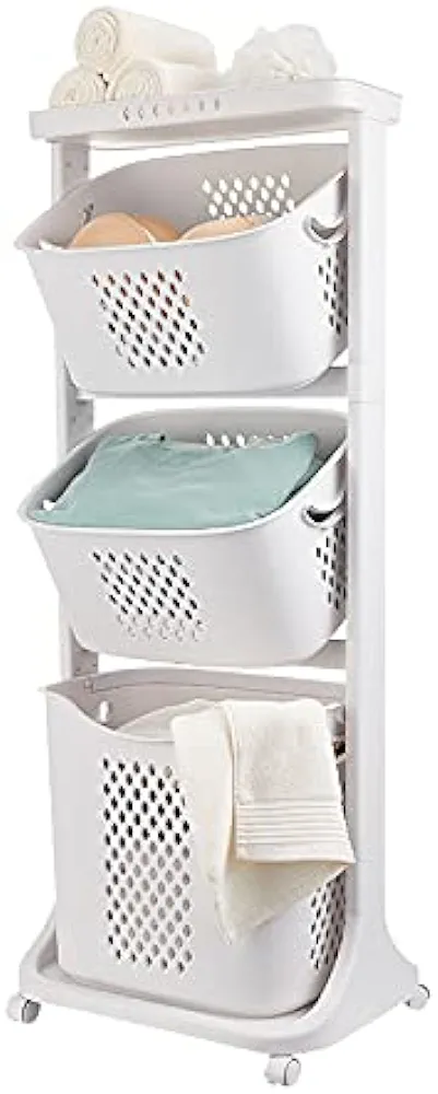 3 Tier Laundry Basket PP Material Laundry Basket with Wheels Laundry Basket Shelf with Two Kinds of Handles Clothes Baskets for Kitchen Bedroom Laundry Room Bathroom