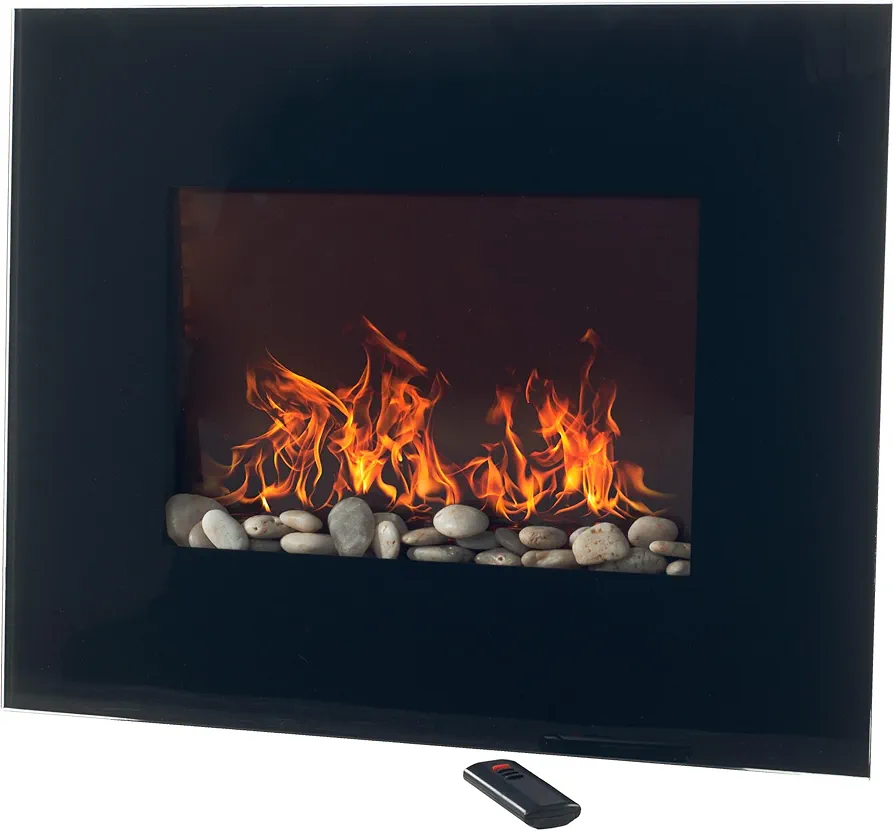 26-Inch Wall Mounted Electric Fireplace - Heater with Pebble Fuel Effect, Adjustable Flames and Heat Settings, and Remote Control by Northwest (Black)