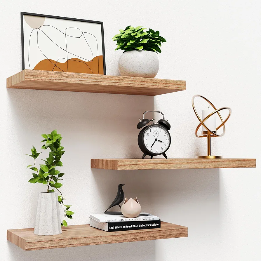 Floating Shelves for Wall, Nature Wood Wall Shelf Set of 3, 16" Wall Mounted Floating Shelf for Kitchen, Living Room, Bedroom, Bathroom Storage, Book Shelf for Wall Home Decor, Frame Display