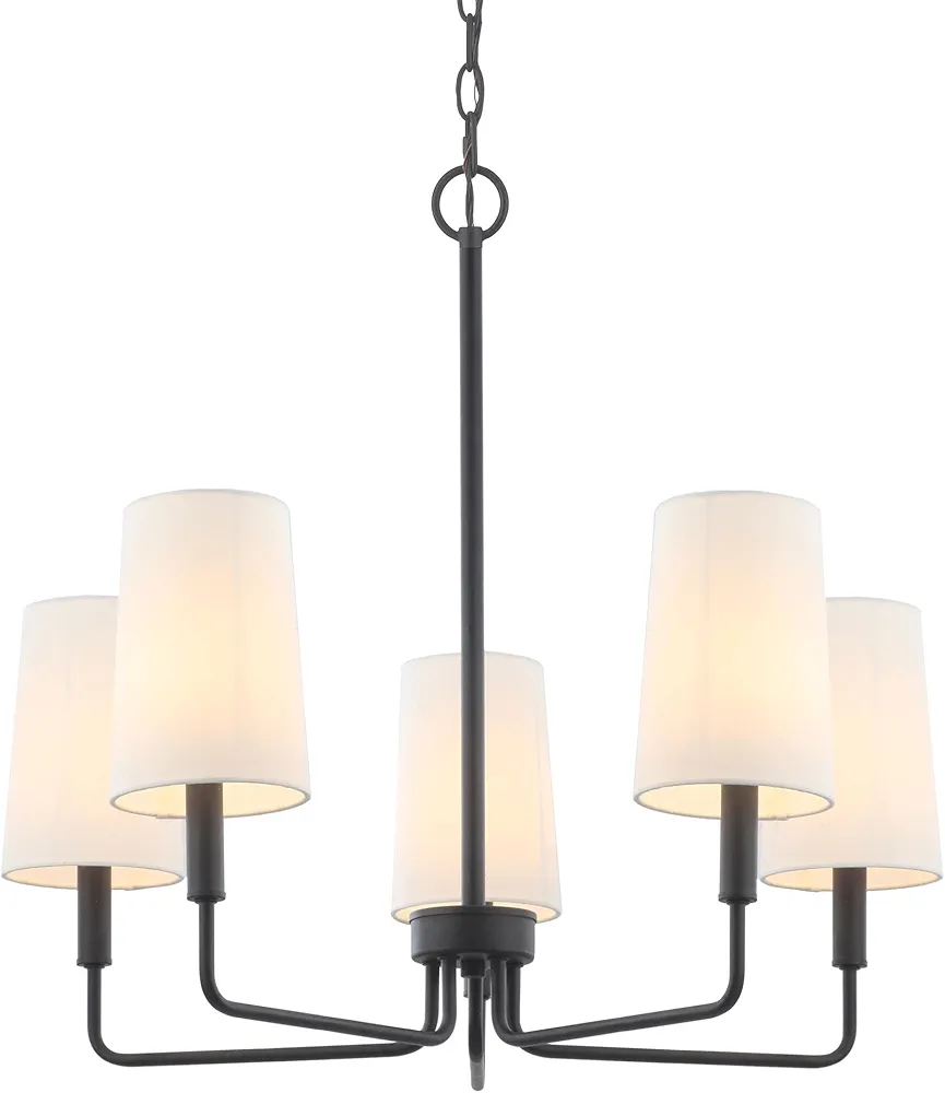 Chandelier, Matte Black with White Fabric Shade, Farmhouse Linear Island Lighting Fixture for Kitchen, Dining Room (5-Light Matte Black with Fabric Shades)