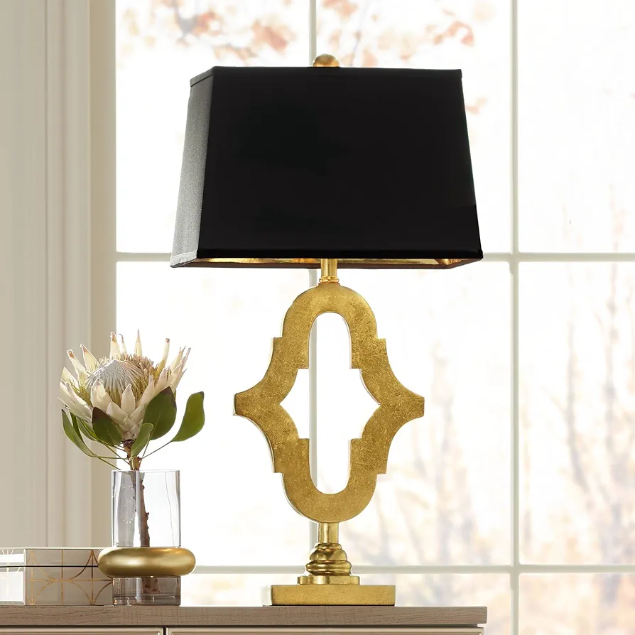 Possini Euro Design Judith Mid Century Modern Glam Luxury Table Lamp 28.75" Tall Gold Black Fabric Rectangle Shade Decor for Living Room Bedroom House Bedside Nightstand Home Office Family