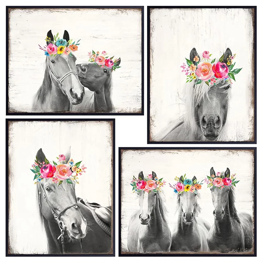 Horse Wall Art - Horses Wall Art & Decor - Barn Farmhouse Living room Home Decor - Teens Bedroom Girls Room Poster Set - Gift for Equestrian Woman - Country Western Shabby chic Boho-chic decoration