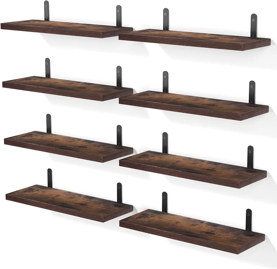 MOKA Shelves for Room Wall Set of 8, Floating Shelves for Wall Decor, Wood Shelves Sturdy Small Shelving Wall Mounted for Bedroom, Living Room, Bathroom, Kitchen, Corner, Book, Rustic Brown