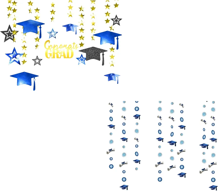 Cheerland Blue and Black Graduation Garlands with Hat Streamers for Photo Booth Glitter Streamers Banner Backgrounds and Classroom Decoration and Supplies