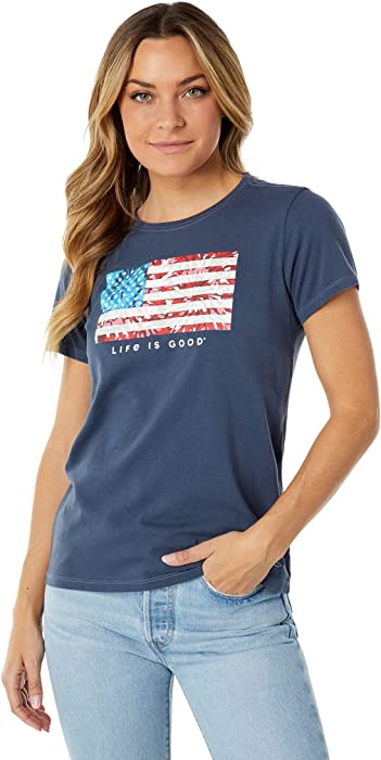 Life is Good. Women's Tie Dye Flag Crusher Tee, Darkest Blue