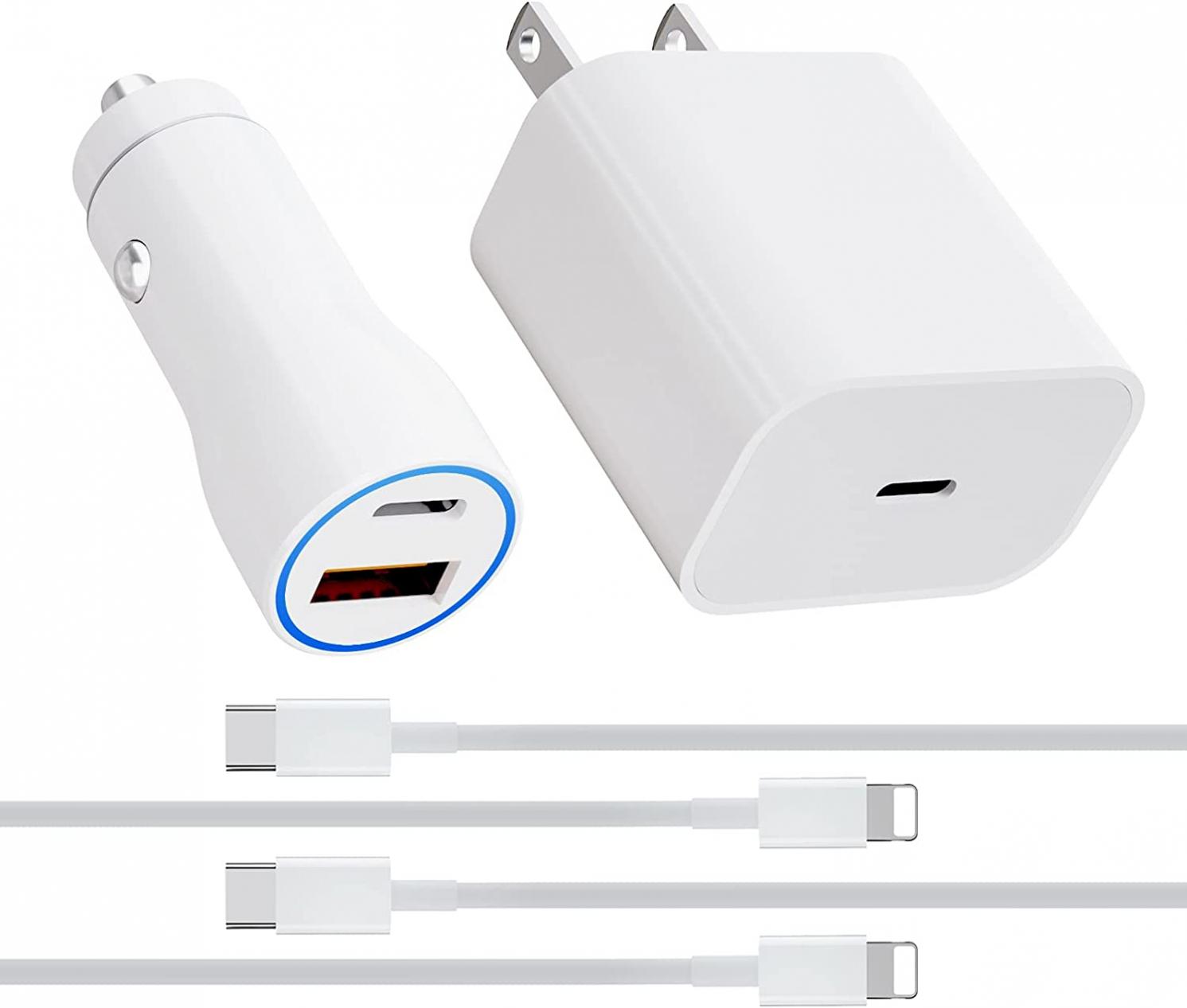 iPhone Fast Charger USB C Kit, 20W USB C PD Wall/Car Charger Adapter with 2X 【Apple MFi Certified】 iPhone USB-C to Lightning Cable, for iPhone 13/12/11 Pro/Max/Mini/iPad/Air (3.3ft)