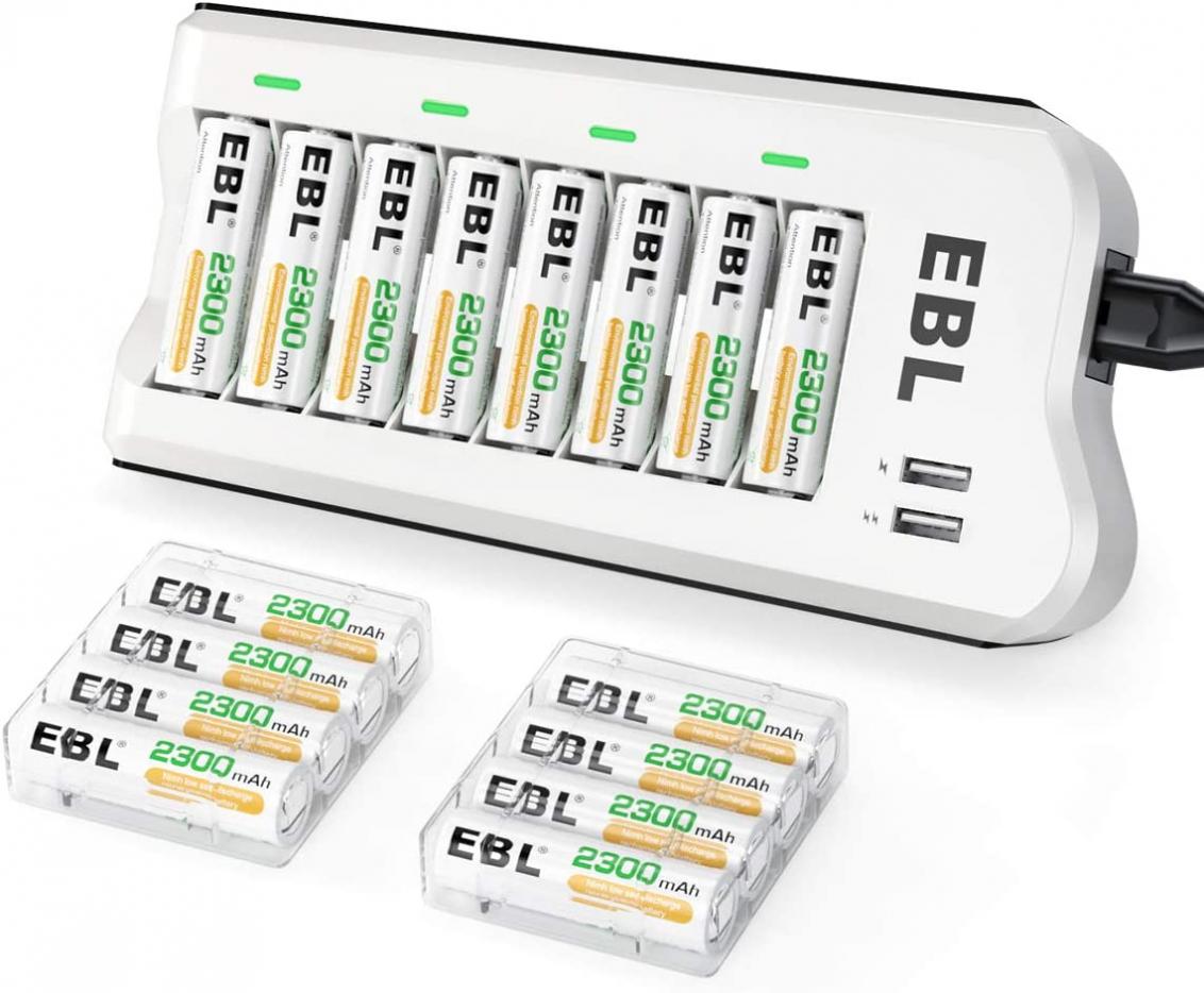 EBL 2300mAh Ni-MH AA Rechargeable Batteries (16 Pack) and 808U Rechargeable AA AAA Battery Charger with 2 USB Charging Ports