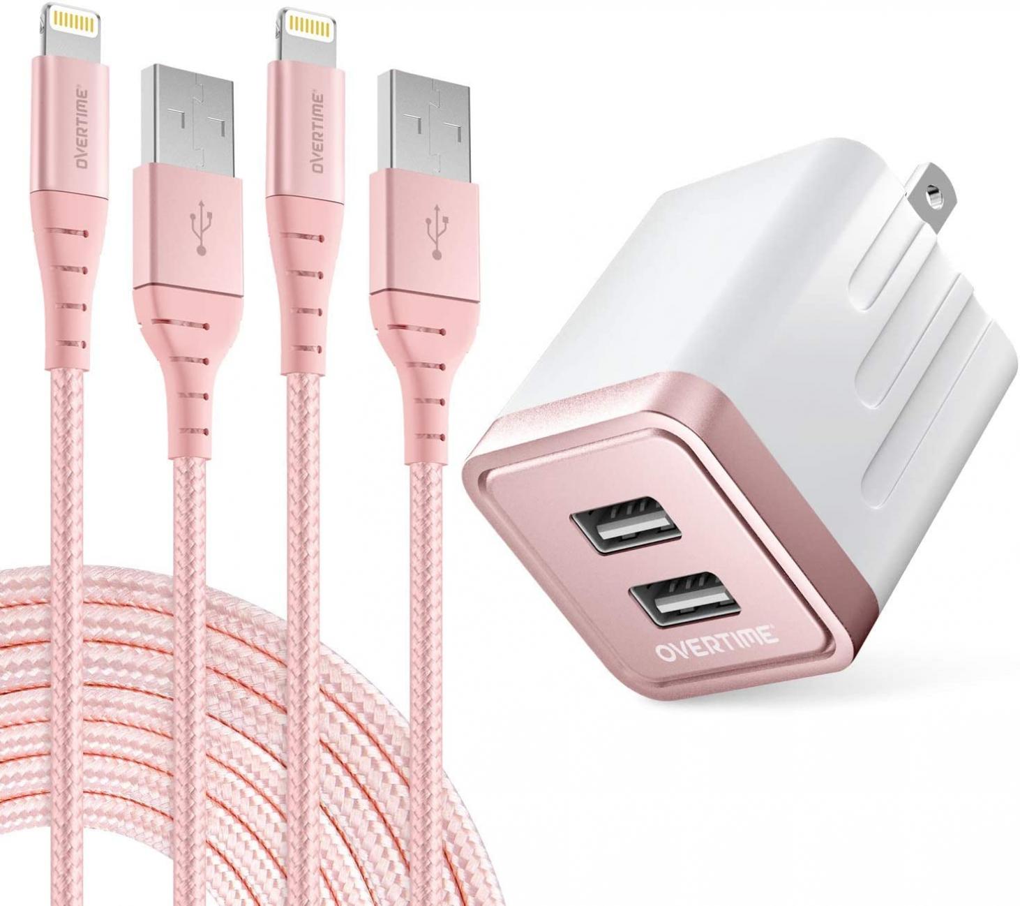 iPhone Charger Set, 2-Pack Overtime Apple MFi Certified Lightning Cables with 1 Dual USB Wall Adapter - 2.4 AMP Compatible w/iPhone 11 Pro Max XS XR X 8 7 6S 6 Plus SE iPad (Rose Gold/Rose Gold, 6ft)