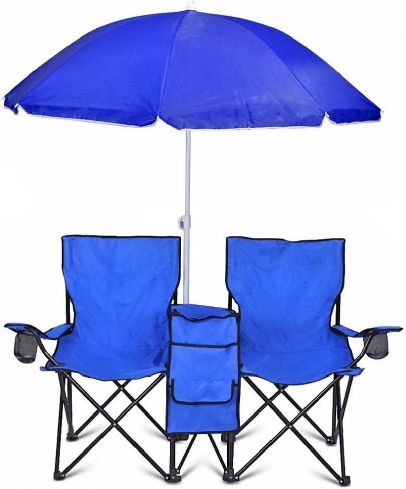 GoTeam Portable Double Folding Chair w/Removable Umbrella, Cooler Bag and Carry Case - Blue