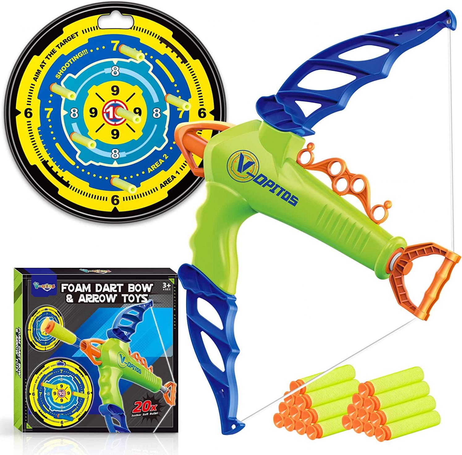 V-Opitos Foam Dart Bow and Arrow Toys for Kids Boys Age of 3, 4, 5, 6, 7, 8 Years Old, Archery Toy Set with Shooting Target, Ideal Birthday & Christmas Gifts for Boys