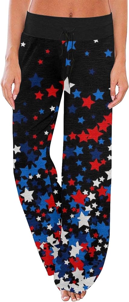 ADHOWBEW 4th of July Pants For Women 2024 Casual Flowy Elastic Waist Pants Trousers Holiday Stars Stripes Print Pajama Slacks