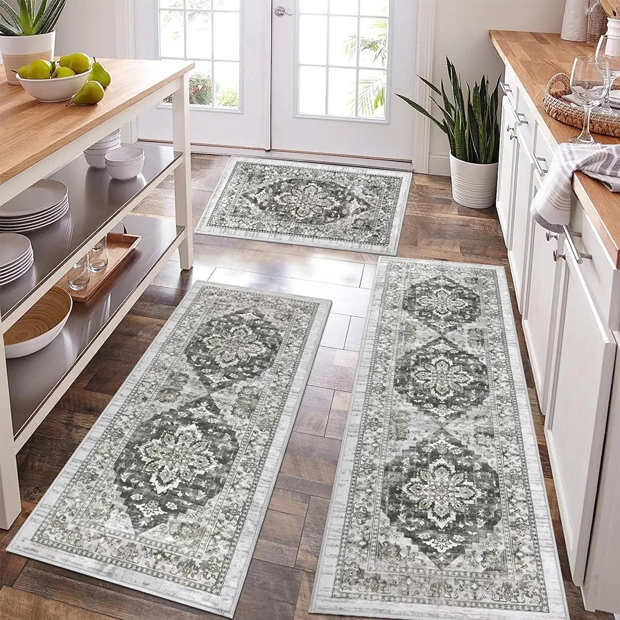 Bsmathom Boho Kitchen Rugs Sets 3 Piece with Runner, Farmhouse Thin Kitchen Rugs and Mats Set, Non Slip Kitchen Mats Washable for Kitchen Floor Hallway Living Room Office Entryway