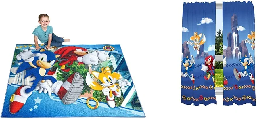 Sonic The Hedgehog Kids Room Decor Bundle - Area Rug and Window Curtain Panels