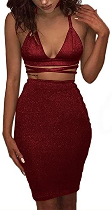 ioiom Women's Glitter V Neck Halter Backless Sleeveless Bandage Bodycon Midi Dress