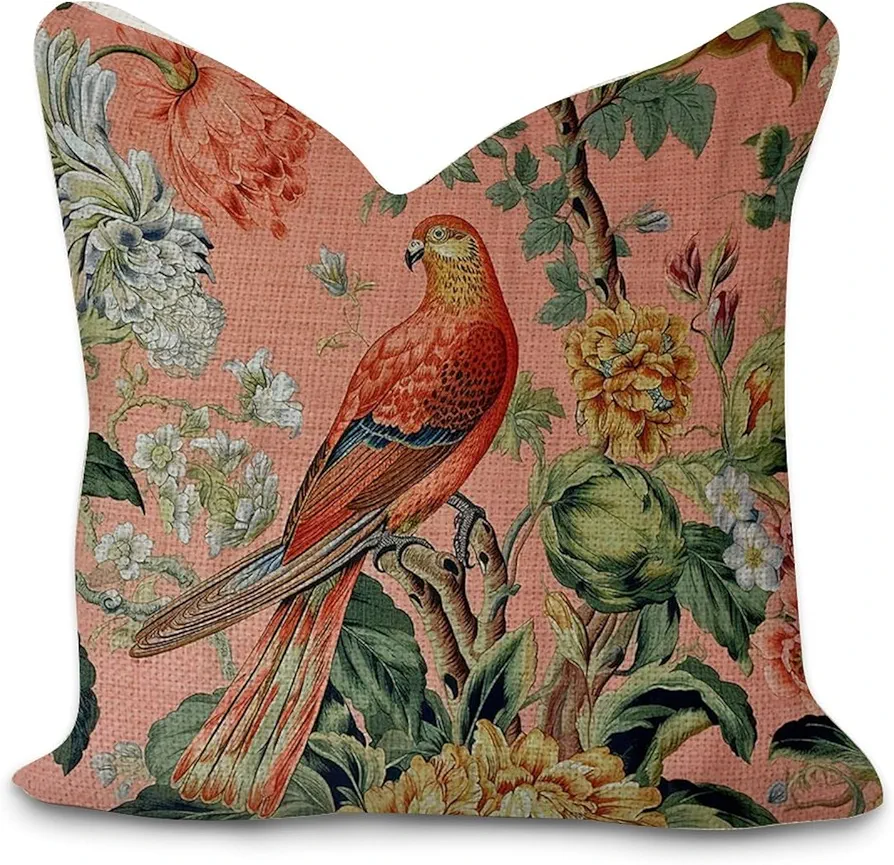 Manor Blush Chinoiserie Peacock Bird Floral Cushion Cover Cases with Zipper 16x16in Farmhouse Square Throw Pillow Cases for Living Room Bed Couch Sofa Chair Home Décor Housewarming Gifts