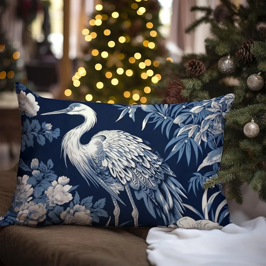 Chinoiserie Crane Bird Peacock Cushion Cover Blue Flower and Bird Asian Garden Sofa Pillowcase Japanese Asian Style Linen Euro Sham Pillow for Living Room Bedroom 12x20in