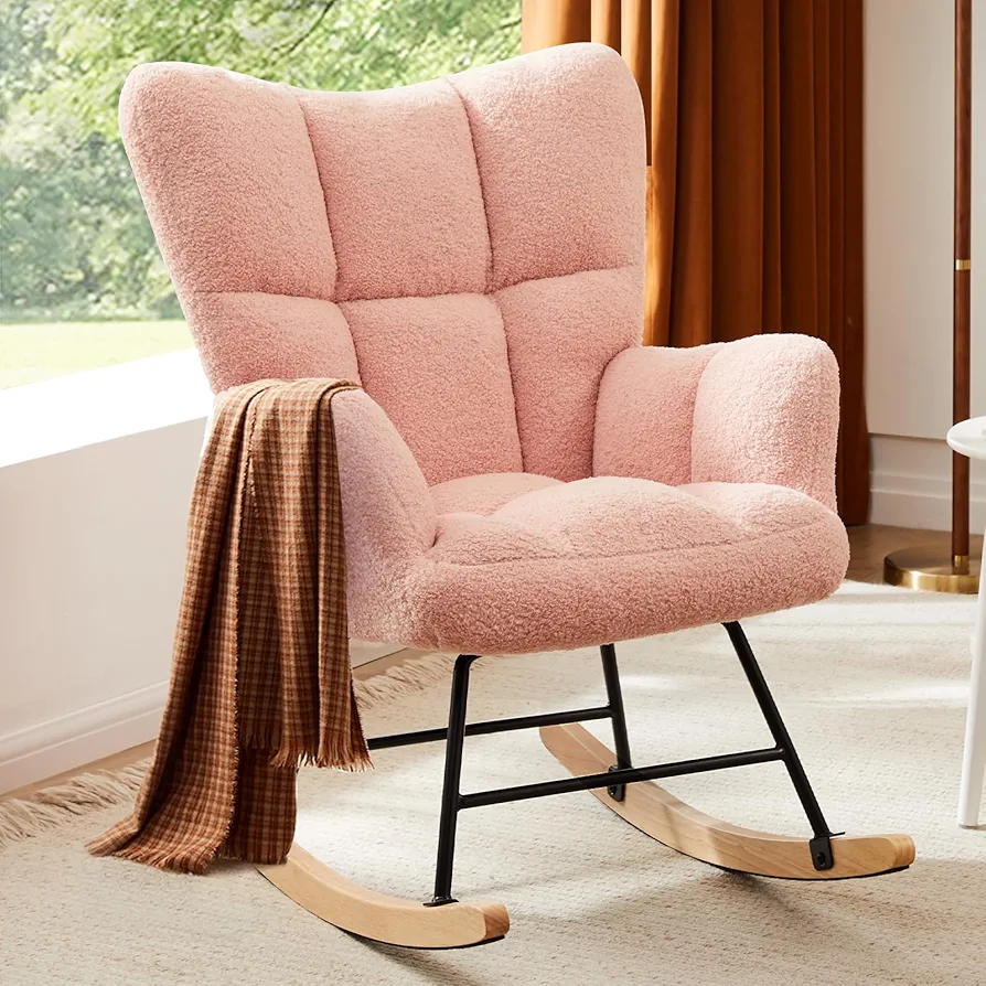 Sweetcrispy Rocking Chair Nursery, Teddy Upholstered Glider Rocker with High Backrest, Reading Chair Modern Rocking Accent Chairs Glider Recliner for Living Room, Nursery, Bedroom