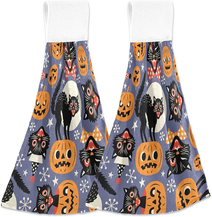 Halloween Pumpkins Kitchen Hanging Towel 12 x 17 Inch Spooky Cats Moon Hand Tie Towels Set 2 Pcs Tea Bar Dish Cloths Dry Towel Soft Absorbent Thin Durable for Bathroom Laundry Room Decor