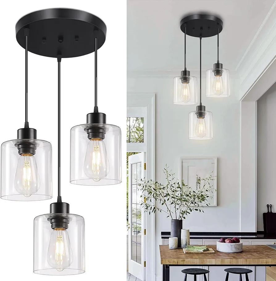 3-Lights Pendant Light Fixture, Hanging Light Fixture Kitchen Island, Black Pendant Lighting for Kitchen Bedroom Hallway, Dining Room Light Fixtures, E26 Base, Clear Glass Shade