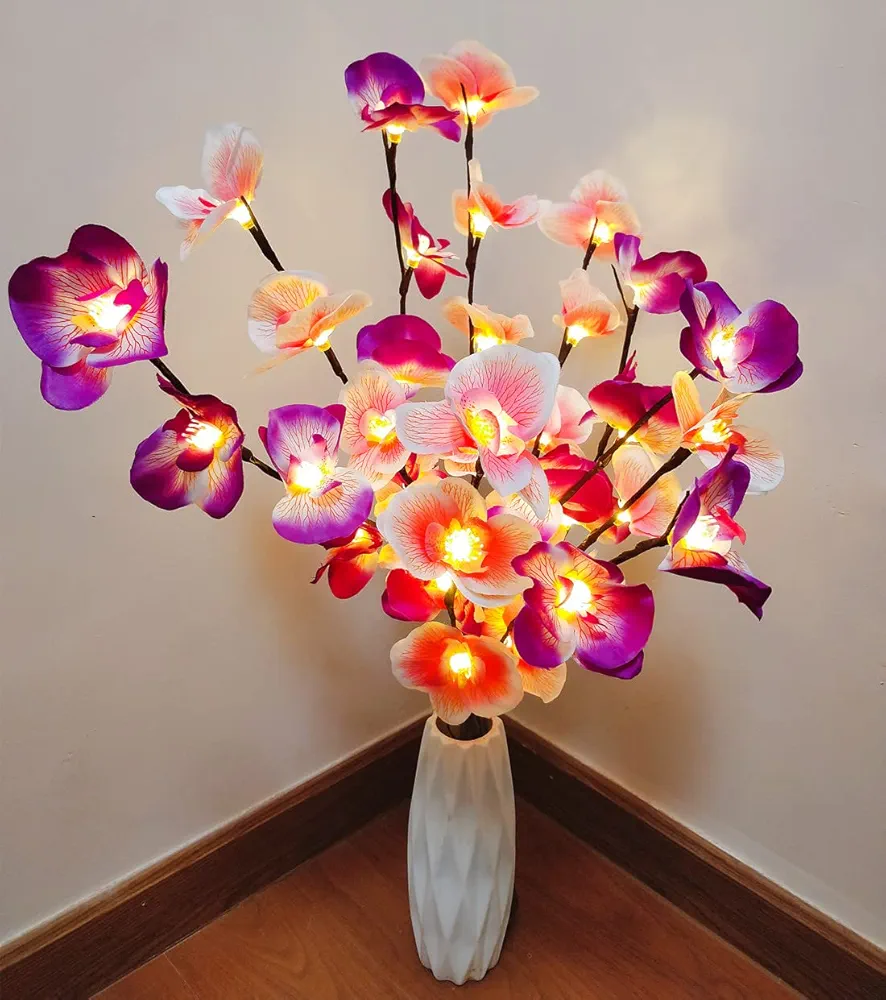 Fantasee Orchid Twig Lights,20 LED Artificial Phalaenopsis Branch Lights Battery Powered Flexible Branch Decor Lights for Home Shop Windows Vase Room Wedding Christmas (2 Packs, Pink + Purple)