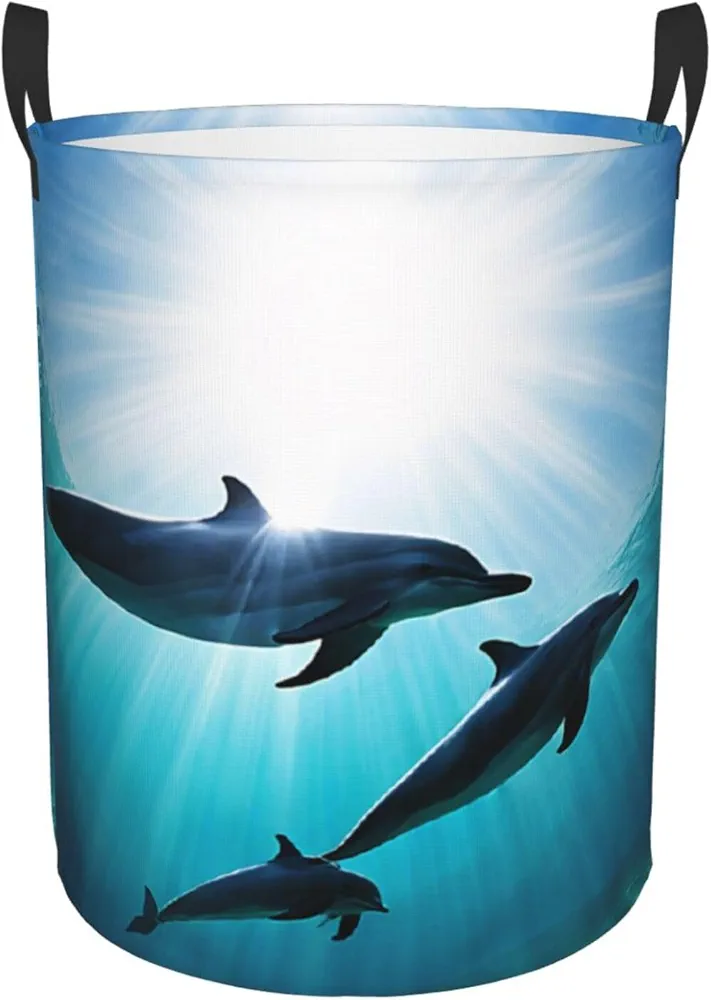 Laundry Baskets with Handles Waterproof Small inches Storage Basket, Collapsible Laundry Hampers, Laundry Room Organization & Apartment Essentials - Funny Dolphin Looking at You