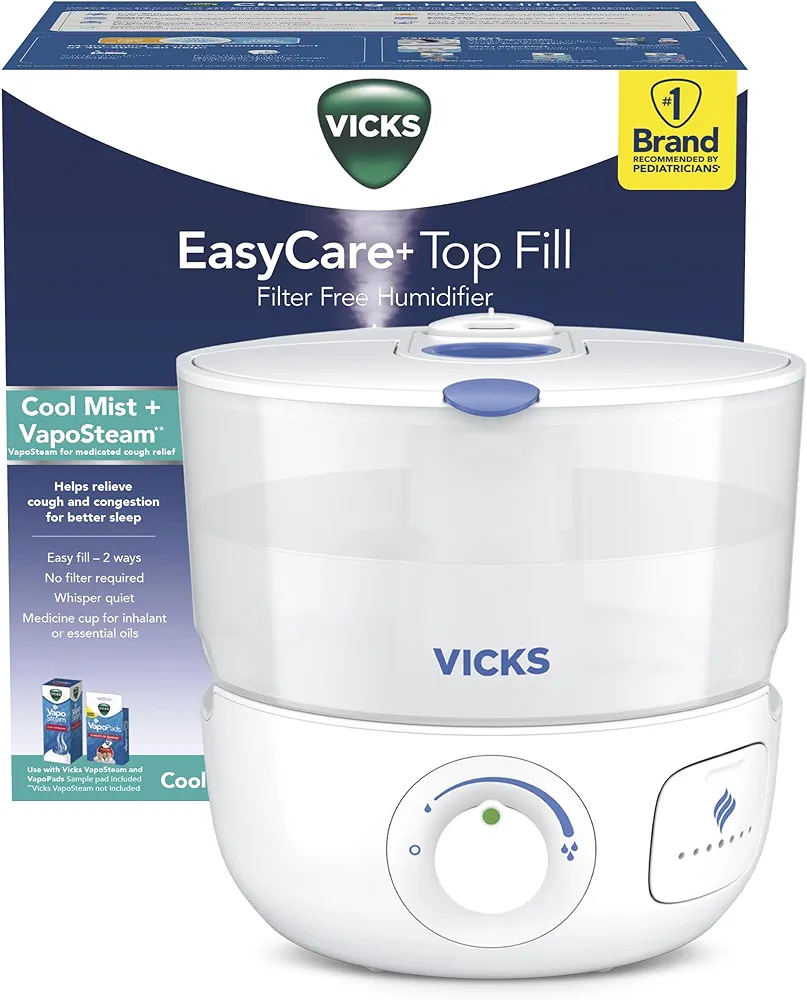 PUR Vicks EasyCare+ Top Fill Filter-Free Cool Mist Humidifier, Small Room–For Vapors 2 Ways –Works with Vicks VapoPads and VapoSteam, White