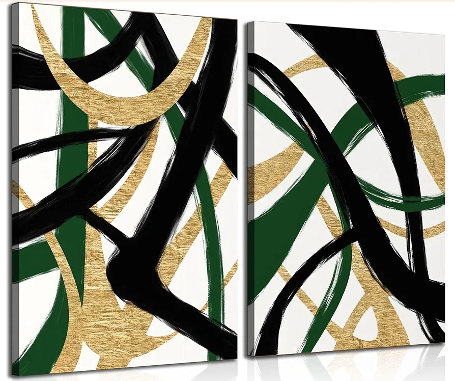 2pcs Framed Abstract Stripe Canvas Wall Art Modern Minimalist Geometry Wall Decoration Pictures Green Gold And Black Prints Posters Paintings for Living Room Bedroom Office Decoration Ready To Hang