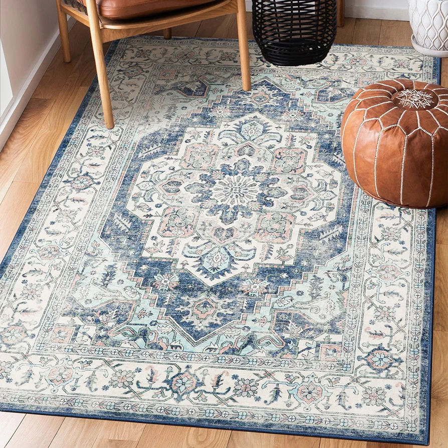 Machine Washable Rug 5x7 Vintage Design Washable Boho Area Rugs for Living Room, Bedroom, Kitchen, Soft Non-Slip Foldable Large Indoor Rug, Navy/Beige