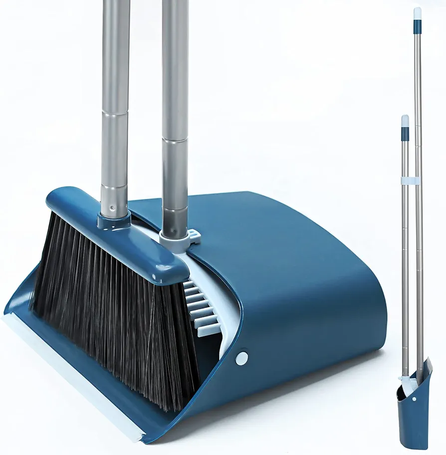 Standing Dustpan and Broom Set with 52" Long Extendable Handle for Home, Indoor, Kitchen Room Office Lobby Floor Cleaning