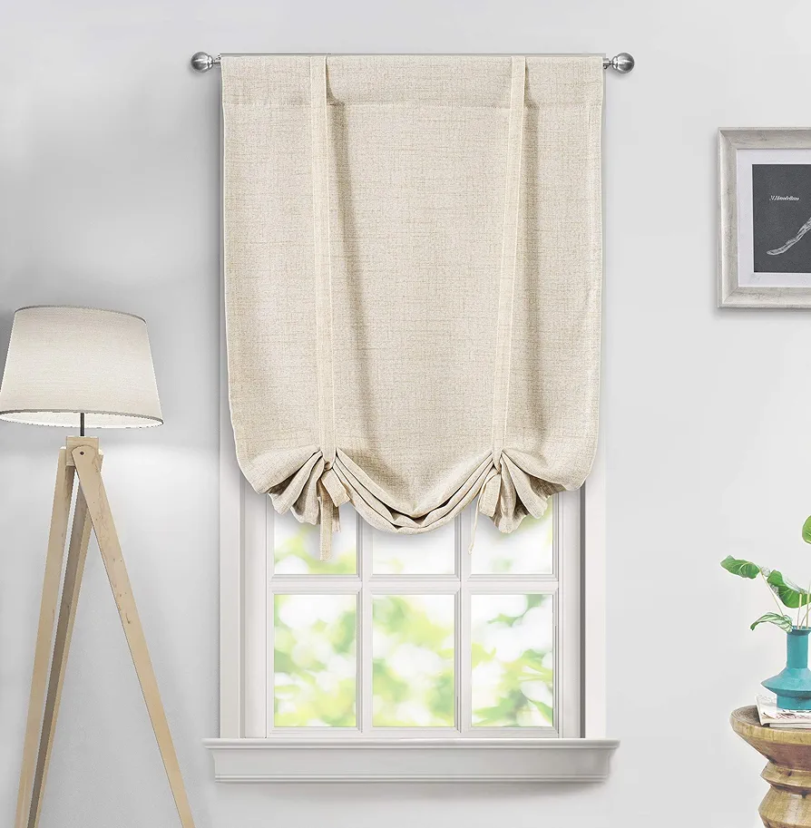 DriftAway Double Layer Linen Blackout Tie Up Curtains Thermal Insulated Fully Lined Balloon Roman Shade Bathroom Window Adjustable Rod Pocket for Small Window 25 Inch by 47 Inch Beige