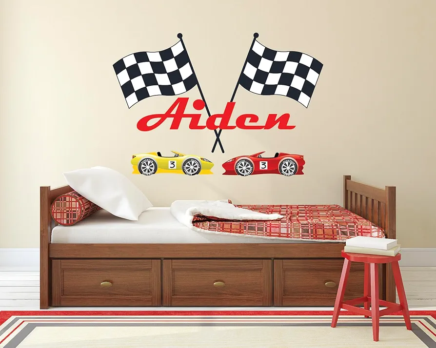 Custom Racing Name Wall Decal for Kids Bedroom Personalized Flags & Cars F1 Race Playroom Wall Decor Nursery Decals Stickers Boys Room Wall Decoration Art Mural Vinyl Sticker