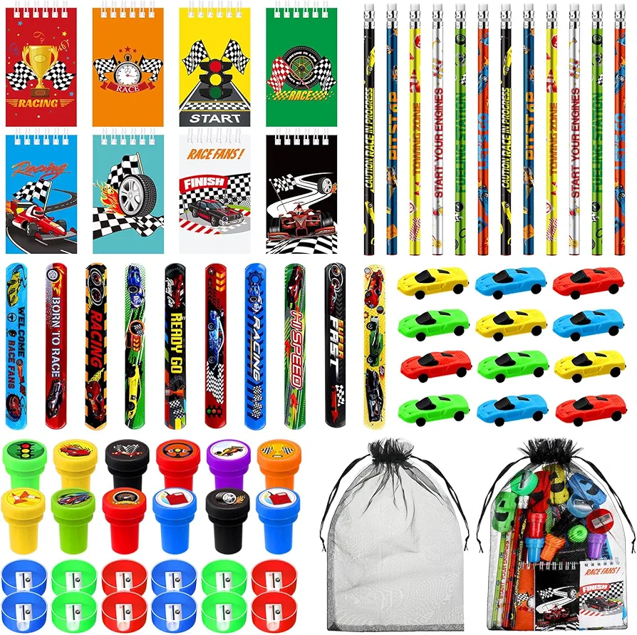 Shappy 84 Pcs Race Car Party Favors Racing Stationery Set Spiral Notebook Slap Bracelets Pencils Erasers Sharpeners Stampers Organza Bags for Racing Theme Classroom Prize Gift Birthday Party Supplies